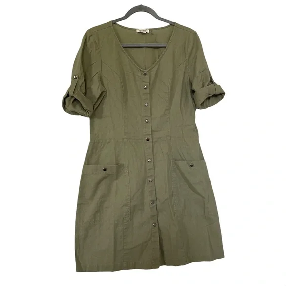 Simply Noelle S/M linen olive green dress button up short sleeve pockets summer - Picture 1 of 8